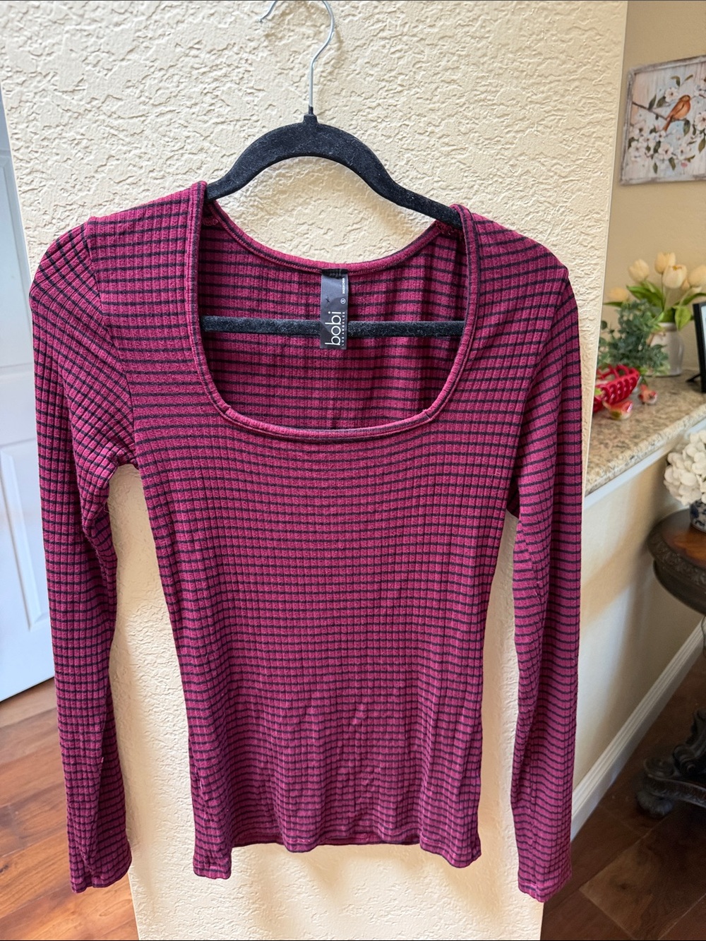 bobi Waffle-Knit Scoop Neck Long Sleeve Top in Wine and Black